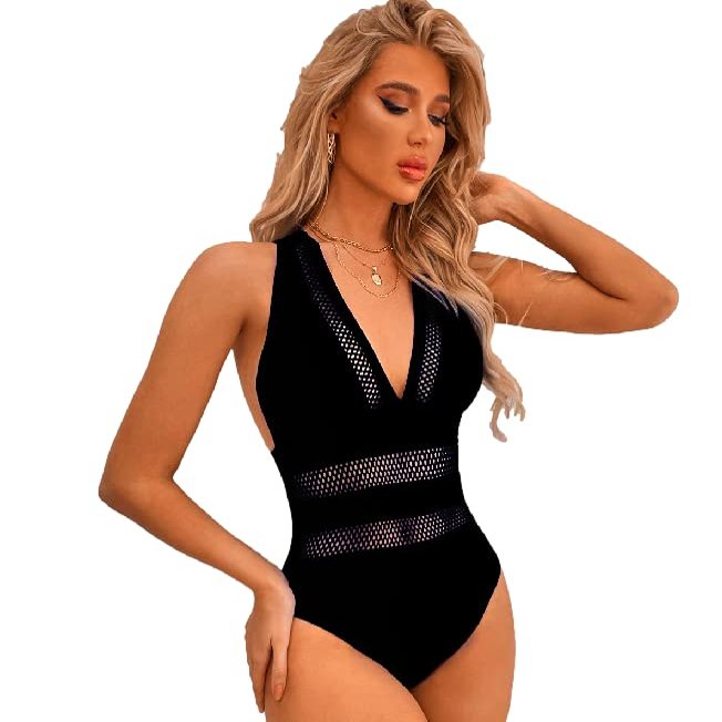 2022 Women Swimsuit Bikini Hipster Seaside Hollow Halter Swimsuit Strap Cross One Piece Solid Color Swimsuit (XL, Black)