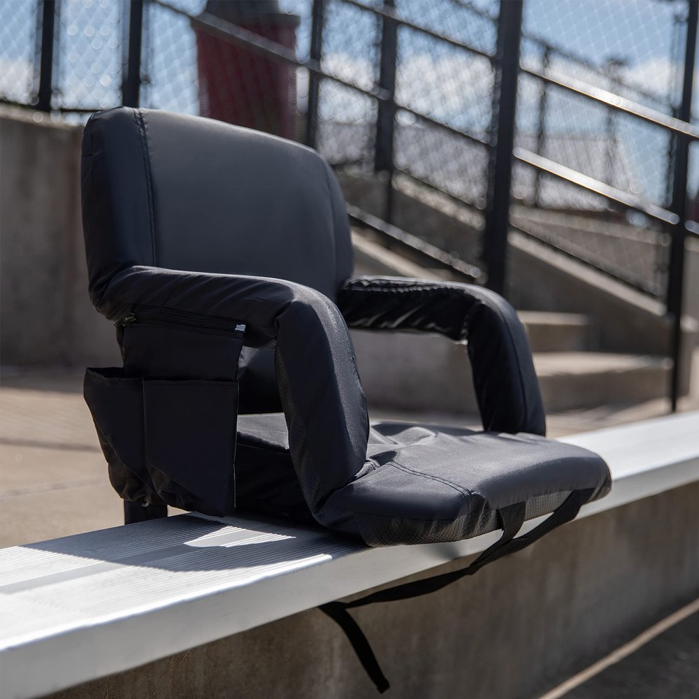 BizChair Black Portable Lightweight Reclining Stadium Chair with Armrests, Padded Back & Seat with Dual Storage Pockets and Backpack Straps