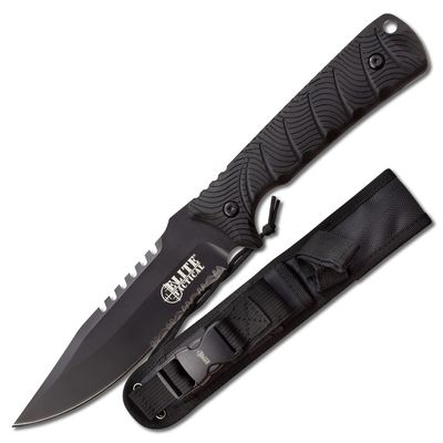 Elite Tactical -Fixed Blade Knife - BACKDRAFT - Partially Serrated Drop Point Blade with Black Nylon Fiber Handle, Full Tang Construction, MOLLE Compatible Sheath, EDC, Tactical, ET-FIX005BKS