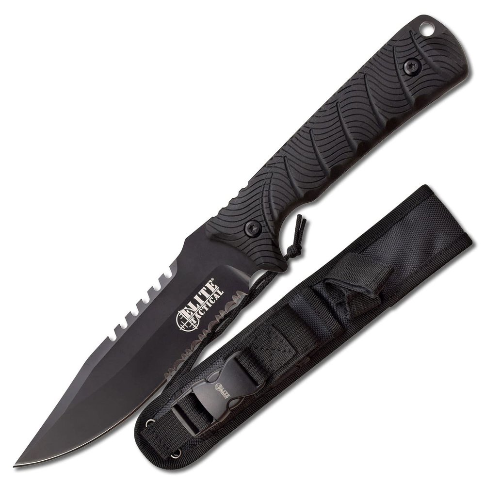 Elite Tactical -Fixed Blade Knife - BACKDRAFT - Partially Serrated Drop Point Blade with Black Nylon Fiber Handle, Full Tang Construction, MOLLE Compatible Sheath, EDC, Tactical, ET-FIX005BKS