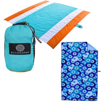 ECCOSOPHY Sand Free Beach Blanket 9x10ft + Quick Dry Microfiber Beach Towel 71x35 inches.