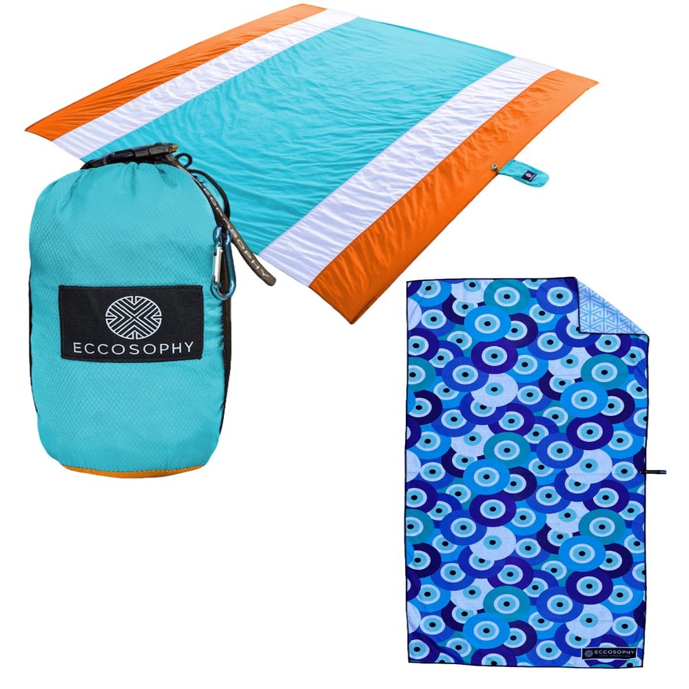 ECCOSOPHY Sand Free Beach Blanket 9x10ft + Quick Dry Microfiber Beach Towel 71x35 inches.