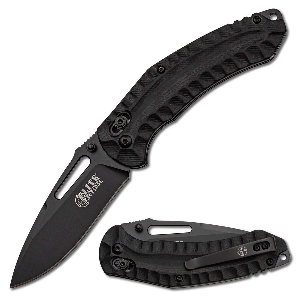 Elite Tactical - Manual Folding Knife w/Rapid Lock - PYRODEX - Fine Edge Drop Point Blade, D2 Steel, Ball Bearing Pivot, G10 Handle w/Deep Carry Pocket Clip, EDC, ET-FDR008BK
