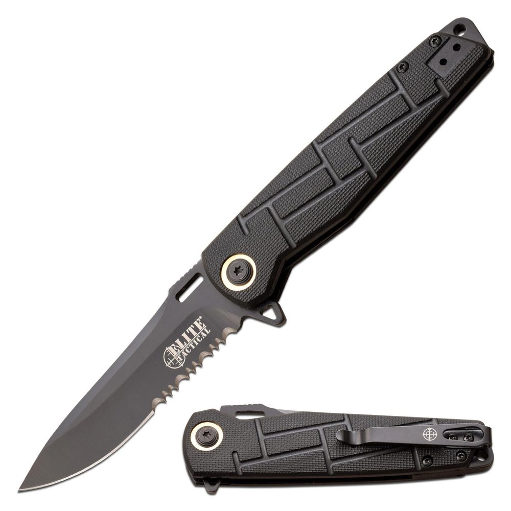Elite Tactical - Pocket Folding Knife - READINESS - Partially Serrated Drop Point Blade with Black Nylon Fiber Handle, Reversible Pocket Clip, EDC, ET-A001BKS