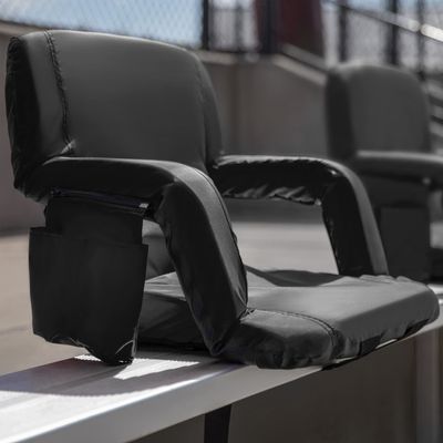 BizChair Set of 2 Black Portable Lightweight Reclining Stadium Chairs with Armrests, Padded Back & Seat - Storage Pockets & Backpack Straps