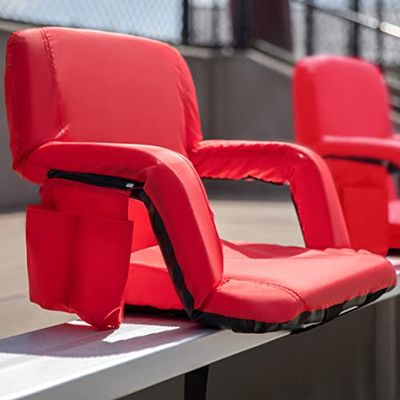 BizChair Set of 2 Blue Portable Lightweight Reclining Stadium Chairs with Armrests, Padded Back & Seat - Storage Pockets & Backpack Straps