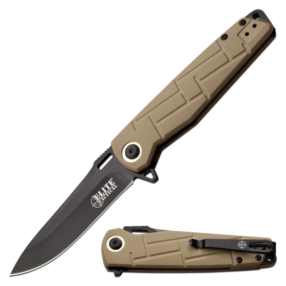 Elite Tactical - Pocket Folding Knife - READINESS - Drop Point Fine Edge Blade with Tan Nylon Fiber Handle, Reversible Pocket Clip, EDC, ET-A001TN