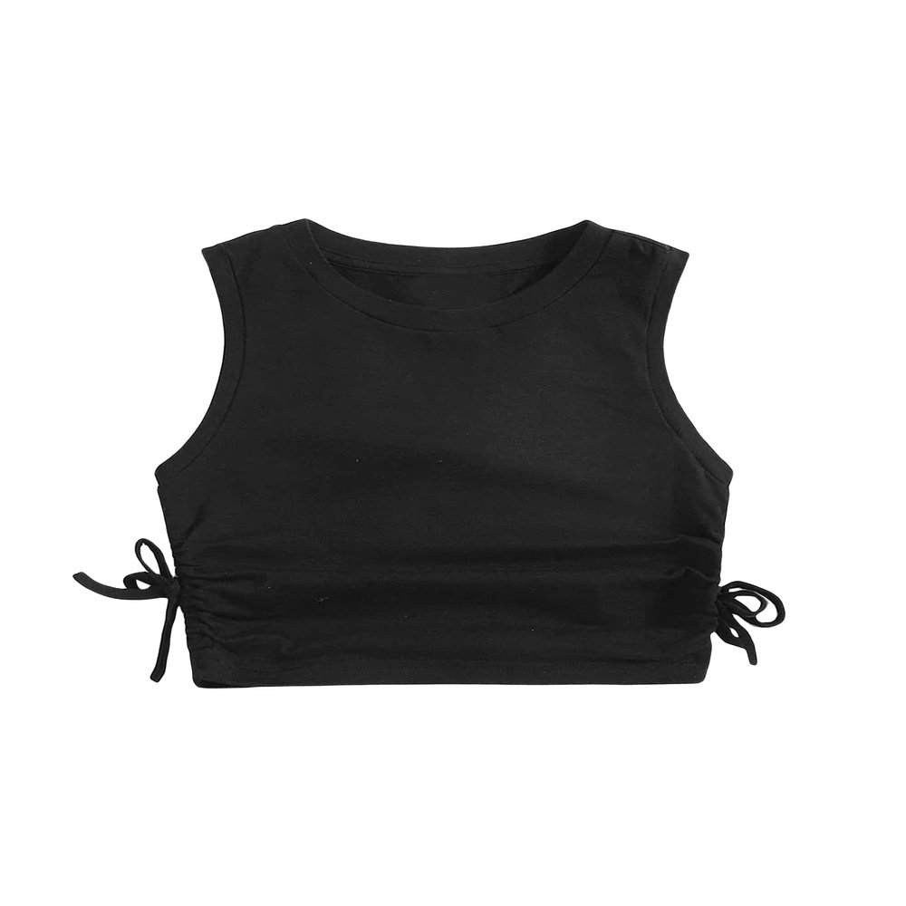 Milumia Girl's Ruched Knot Side Dance Tops Round Neck Sleeveless Solid Crop Tank Top Black 12 Years