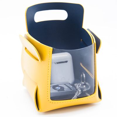 Ezindraw Valet Tray, Key Bowl for Entryway Table with Transparent Window, Small Decorative Holder Basket for Keys, Watches, Coins, Catchall Storage Organizer for Nightstand, Dresser, Yellow/Navy Blue