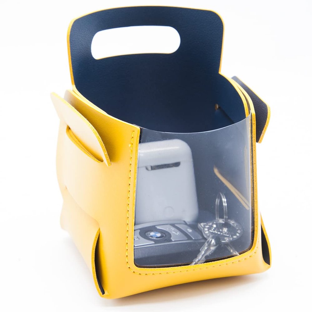 Ezindraw Valet Tray, Key Bowl for Entryway Table with Transparent Window, Small Decorative Holder Basket for Keys, Watches, Coins, Catchall Storage Organizer for Nightstand, Dresser, Yellow/Navy Blue