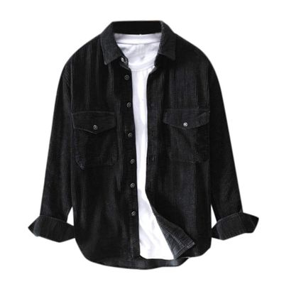 Men's Corduroy Jacket Button Down Casual Long Sleeve Western Snap Shirts Relaxed Fit Solid Color Pockets Blouses Black