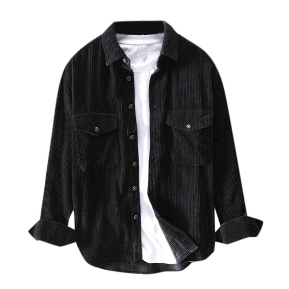 Men's Corduroy Jacket Button Down Casual Long Sleeve Western Snap Shirts Relaxed Fit Solid Color Pockets Blouses Black