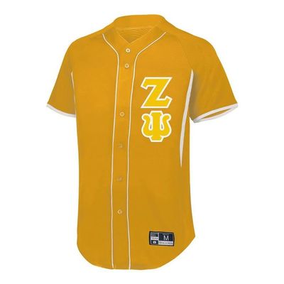 Zeta Psi Lettered Baseball Jersey Small Vegas Gold/White