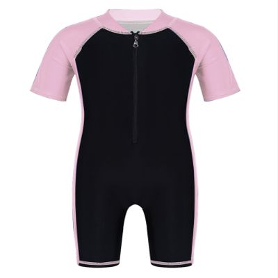 winying Kids Boys Girls One Piece Short Sleeves Front Zip Wetsuit Shorty UV Protection Swimsuit Pink&Black A 10-12 Years