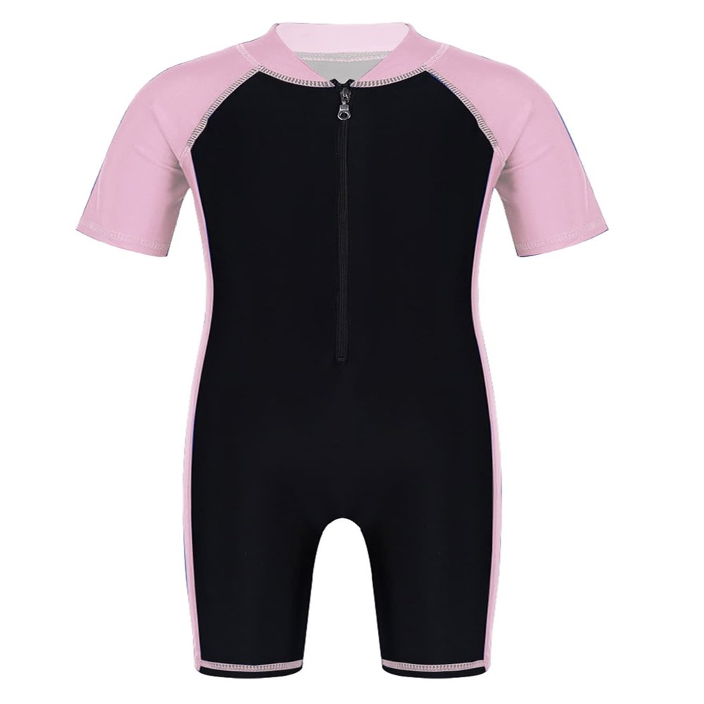 winying Kids Boys Girls One Piece Short Sleeves Front Zip Wetsuit Shorty UV Protection Swimsuit Pink&Black A 10-12 Years