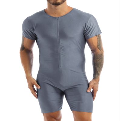 Zaldita Men's Athletic Supporters Zipper Bodysuit Short Sleeve Jumpsuit Wrestling Singlet Leotard Gray Medium