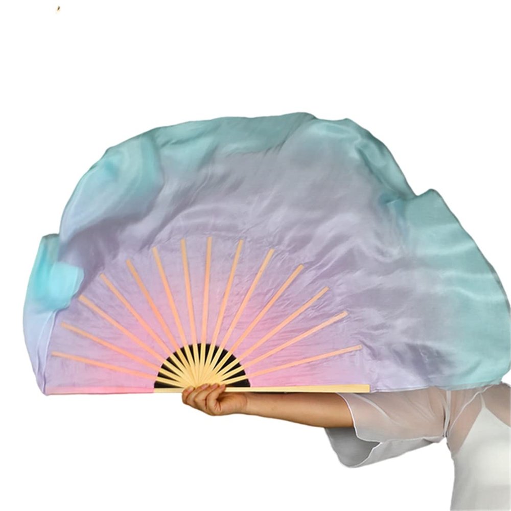 Silk Belly Dance Fan Veil Two Layers Short Fan Bamboo Dream Color Light Gradient Light Gradient for Chinese Folk Dance 36cm 40cm 2pcs Right Hand