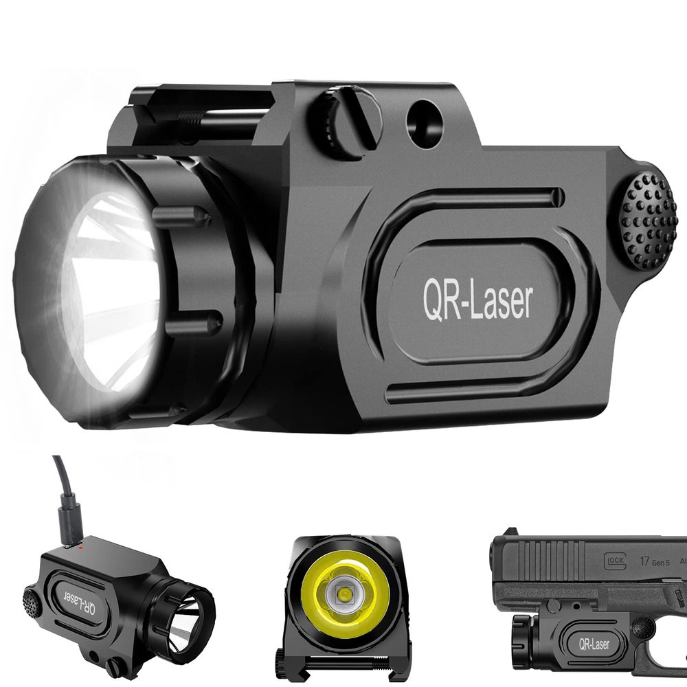 QR-Laser 1200 Lumens Tactical Weapon Mount Light for Handgun with Picatinny Rail, Premium LED Flashlight Type-C Rechargeable with Strobe Function for Pistol Handgun Glock Rifles