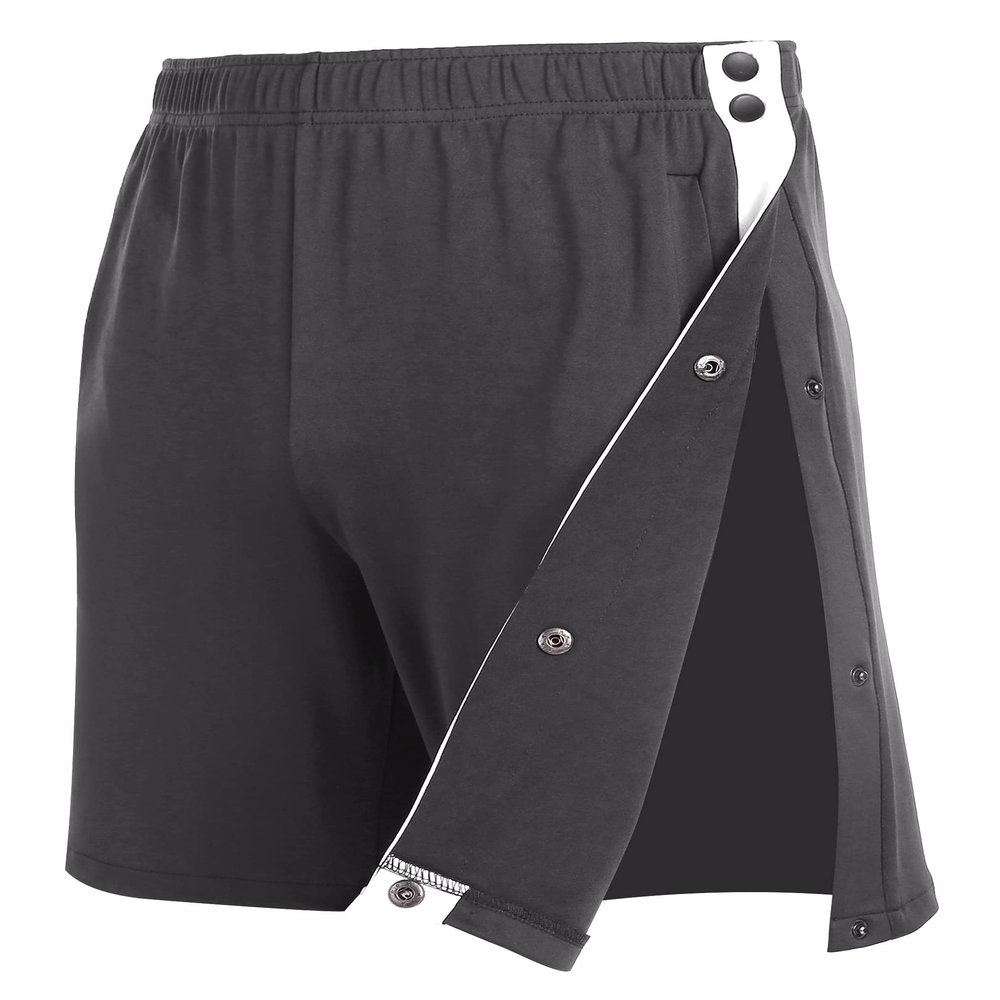 Wataxii Tear Away Shorts for Men Post Surgery Clothing Snap Knee Leg Hip Surgical Recovery Short Pants Leg Side Open Shorts Dark Grey