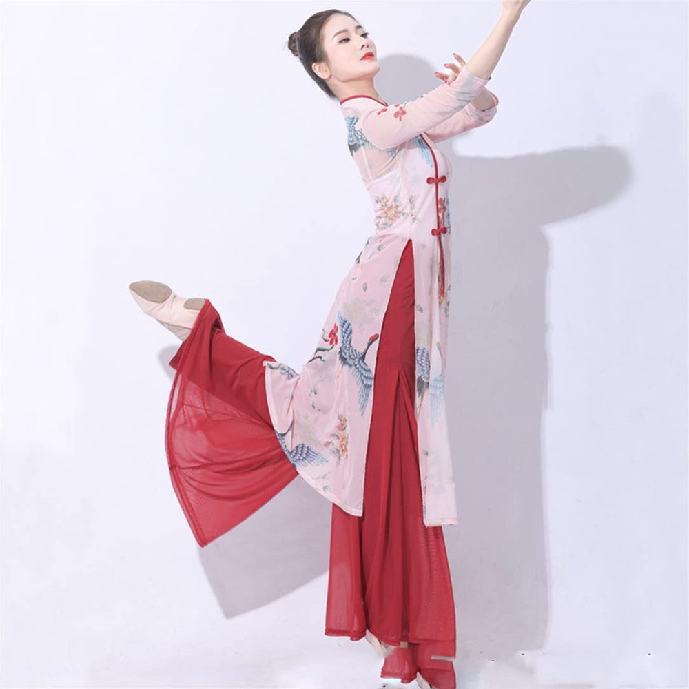 Classical Dance Dress Gauze Folk Dance Clothing Blouse Cheongsam Dance Practice Tops Double Sided Half Sleeve Pink Set XXL