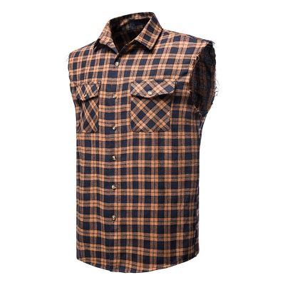 Mens Sleeveless Shirts Button Down Casual Slim Fit Vintage Plaid Flannel T-Shirts Hippie Cowboy Cut Off Muscle Blouse Brown