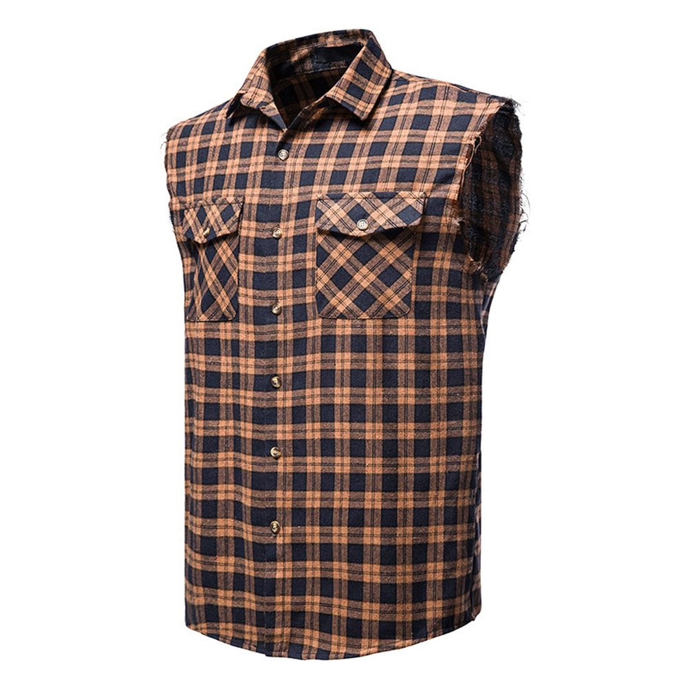 Mens Sleeveless Shirts Button Down Casual Slim Fit Vintage Plaid Flannel T-Shirts Hippie Cowboy Cut Off Muscle Blouse Brown