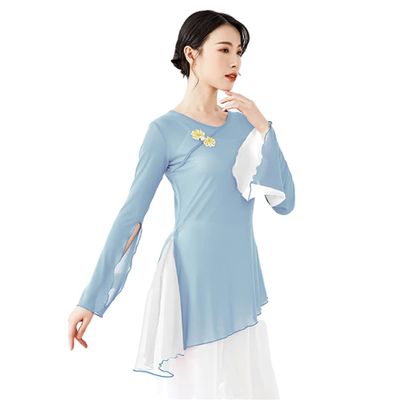 Chinese Ethnic Folk Dance T-Shirt Fairy Basic Training Wear Body Rhythm Women's Mesh Tops Sky Blue L