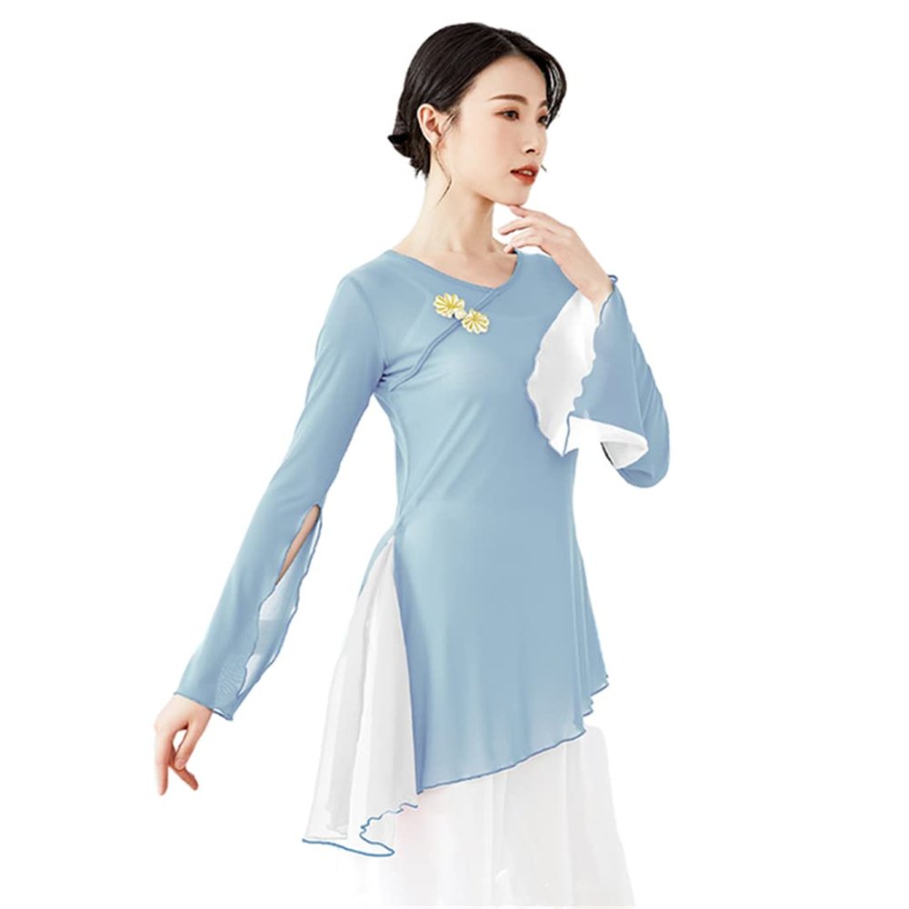 Chinese Ethnic Folk Dance T-Shirt Fairy Basic Training Wear Body Rhythm Women's Mesh Tops Sky Blue S