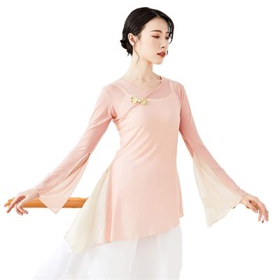 Chinese Ethnic Folk Dance T-Shirt Fairy Basic Training Wear Body Rhythm Women's Mesh Tops Light Pink XXL