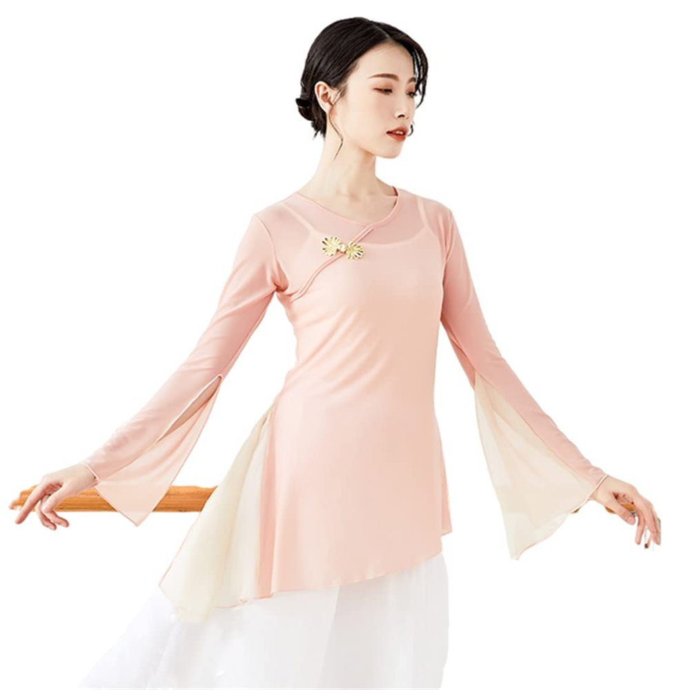 Chinese Ethnic Folk Dance T-Shirt Fairy Basic Training Wear Body Rhythm Women's Mesh Tops Light Pink XXL