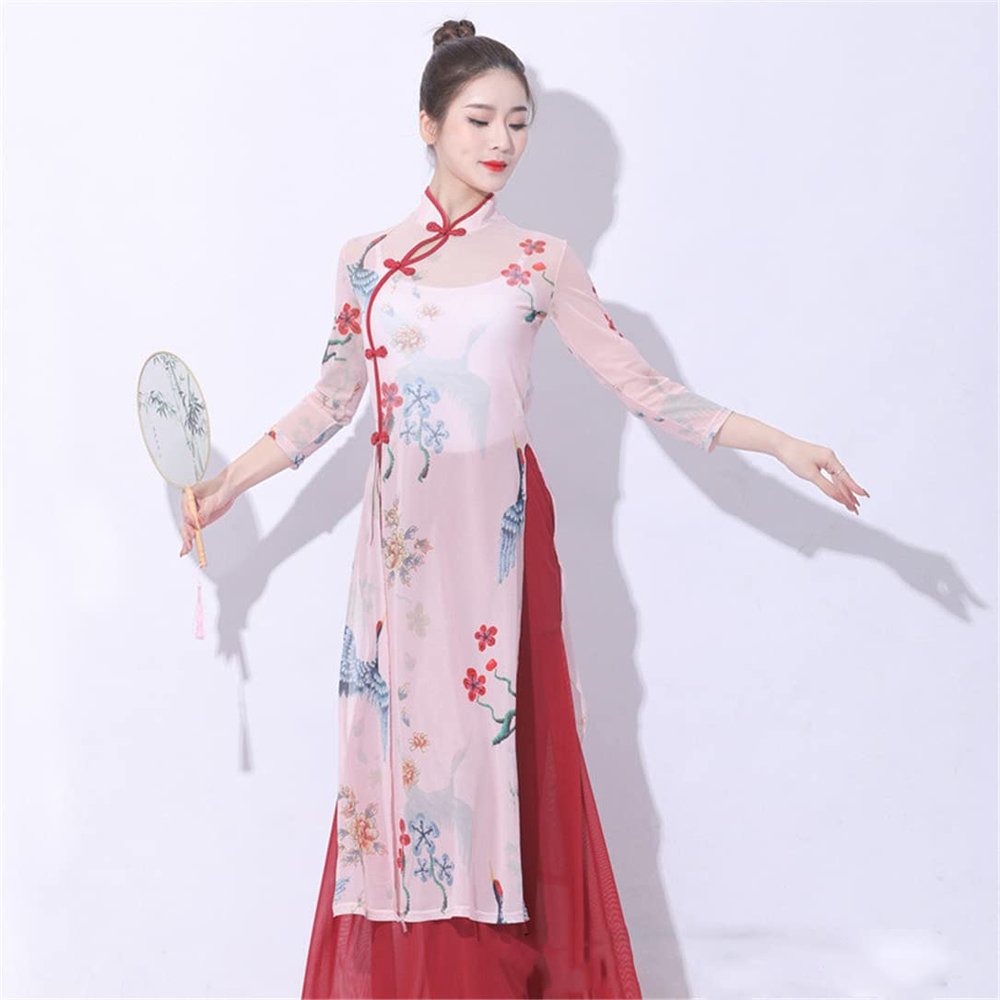 Classical Dance Dress Gauze Folk Dance Clothing Blouse Cheongsam Dance Practice Tops Double Sided Half Sleeve Printed Pink Only XL