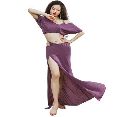 Belly Dance Costume Set 3 Pieces Oriental Dance Long Skirt Women's Team Dance Training Wear Large Size Yellow Purple L