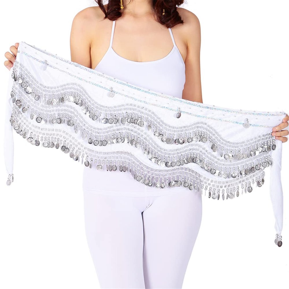 Hip Scarf Belly Dance Egyptian Sexy Hip Scarf Indian Dance Costume Performance Clothing Belly Belt Dance Practice Belt White Silver One Size