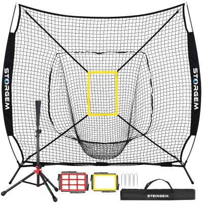 Storgem Baseball and Softball Practice Net 77ft Portable Hitting Pitching Batting Training Net Baseball Backstop Net with Batting Tee and Strike Zone and Bow Frame