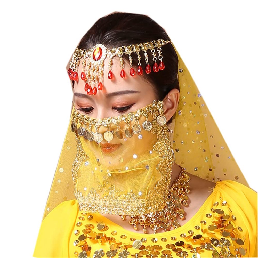 2pcs/Pack Women Belly Dance Tribal Veil Face Egyptian Mask Halloween Accessories Beautiful Sequins Tribal Dance Yellow 17x23cm