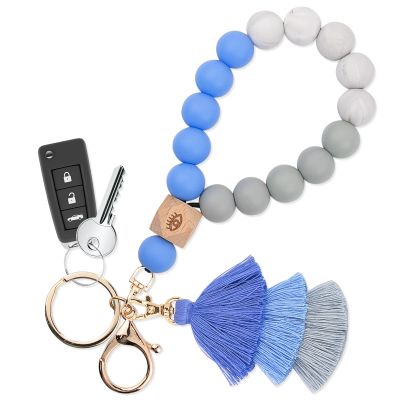 Bisanzoya Beaded Keychain with Tassel, Silicone Key Ring Bracelet, Cute Boho Car Key Chain Wristlet for Women (Beaded, Blue)