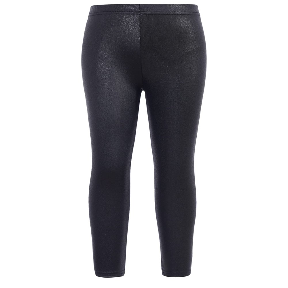 FEESHOW Kids Girls Shinny Metallic Footless Tights Elastic Waistband Stretchy Slim Fit Dance Yoga Workout Legging Black 5-6 Years