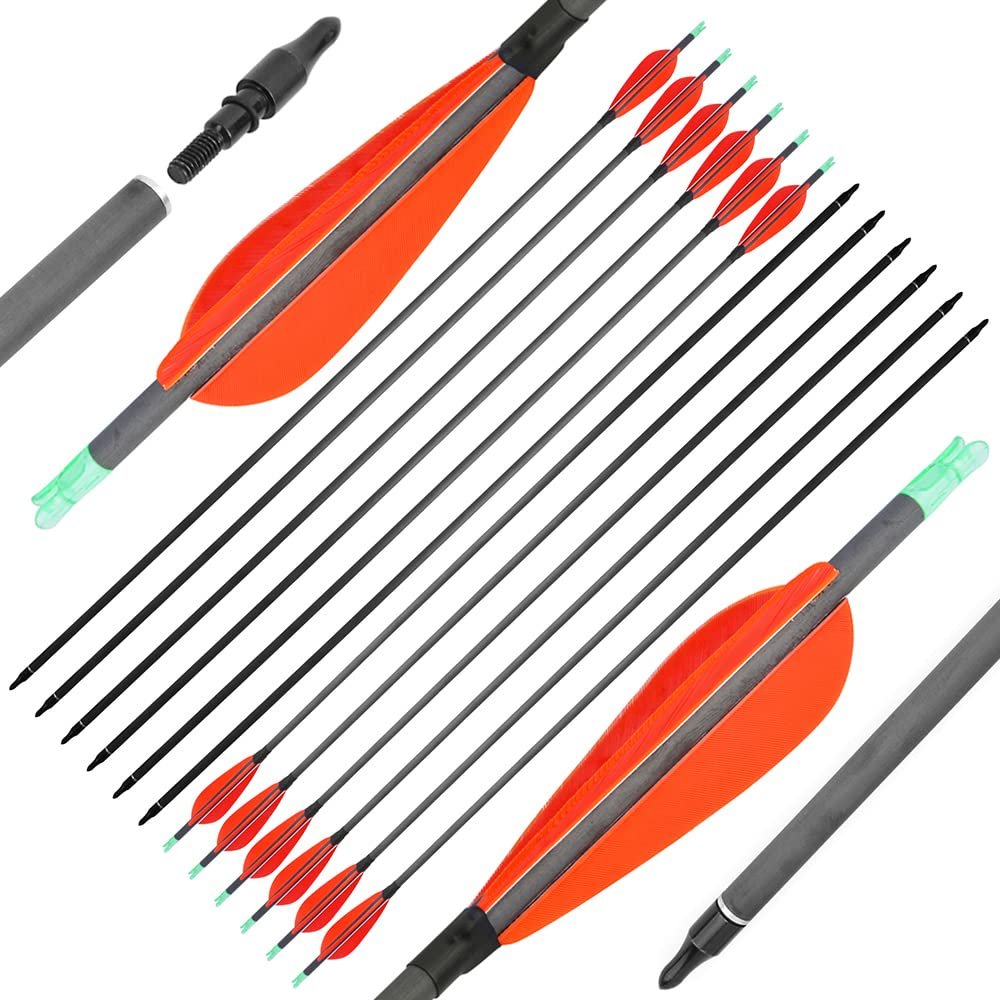 ZSHJGJR 30 Inch Pure Carbon Arrows 600 Spine Archery Hunting Arrows with Removable Tips Natural Feather Fletching Targeting Arrows for Compound & Recurve & Traditional Bow 6/12pcs (Orange, 12)