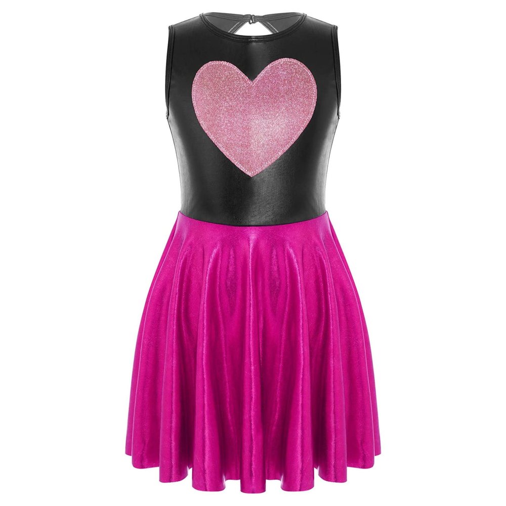 FEESHOW Girls Kids Heart Shape Flash Front Hollow Back Ballet Dance Dress Leotard Gymnastics Ice Skating Dress Hot Pink 12 Years