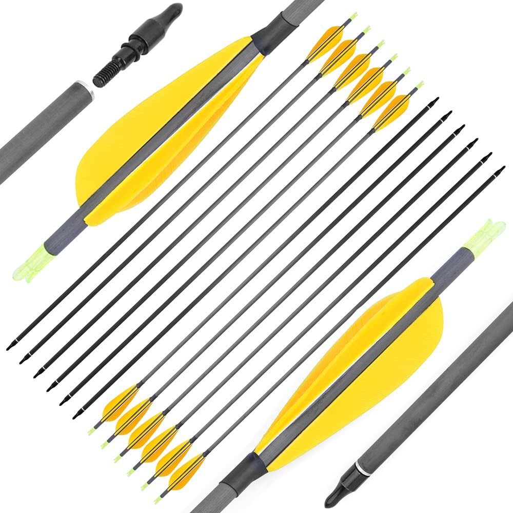 ZSHJGJR 30 Inch Pure Carbon Arrows 600 Spine Archery Hunting Arrows with Removable Tips Natural Feather Fletching Targeting Arrows for Compound & Recurve & Traditional Bow 6/12pcs (Yellow, 6)