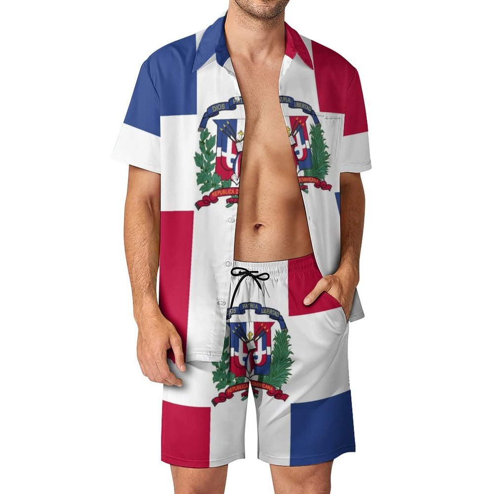 Adugen Origei Men's Dominican Flag Button-Up Shirt Hawaiian Shirt Party Beach Suit Dry Surfing Beach Shorts with Pockets L Style-3-2