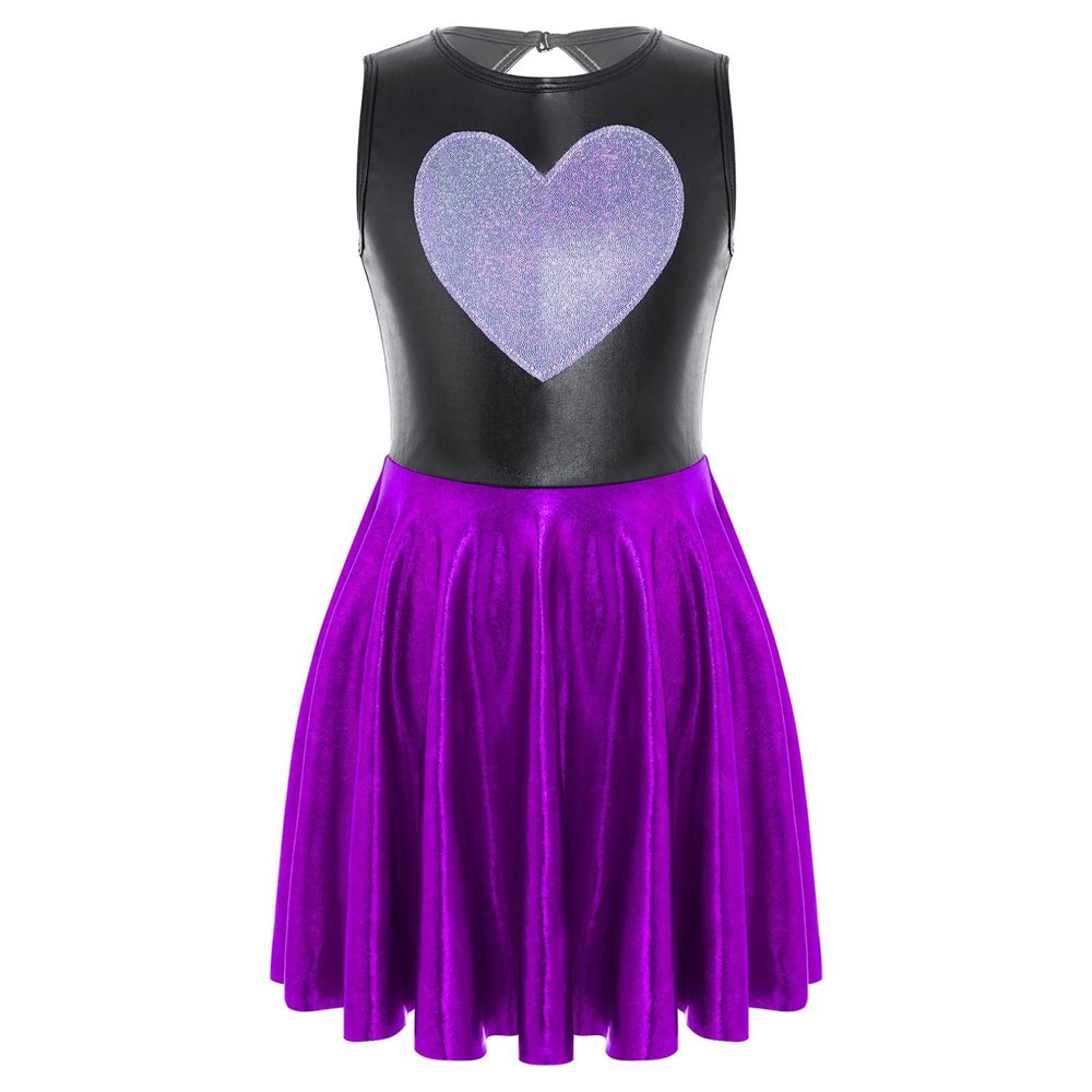 FEESHOW Girls Kids Heart Shape Flash Front Hollow Back Ballet Dance Dress Leotard Gymnastics Ice Skating Dress Purple 6 Years
