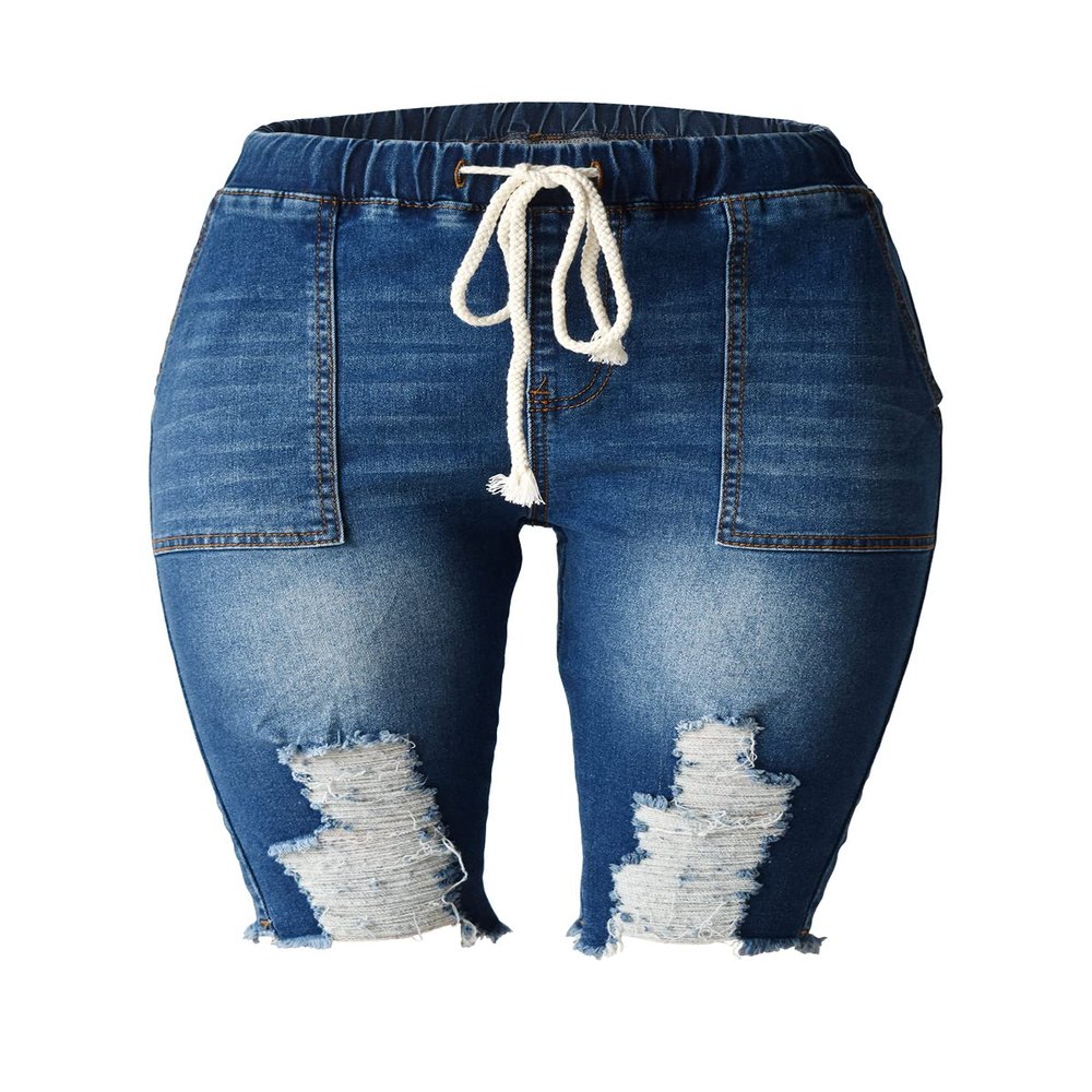 Aodrusa Poll On Jean Shorts Womens Ripped Stretchy Drawstring Workout Mid Thigh Shorts Baggy Denim with Square Pockets Dark Blue US 2-4