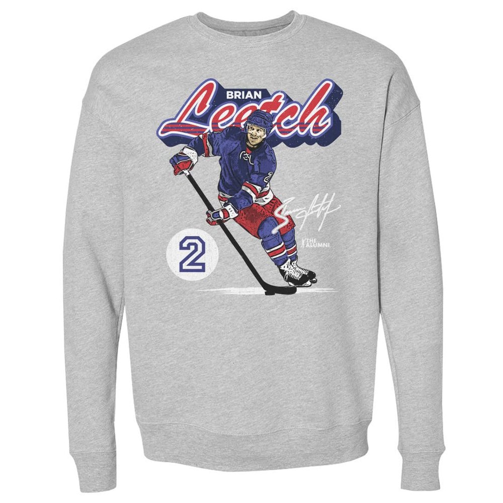 500 LEVEL Brian Leetch Sweatshirt (Crew Sweatshirt, XX-Large, Heather Gray) - Brian Leetch New York Retro Script WHT