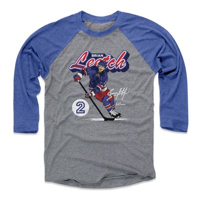500 LEVEL Brian Leetch Tee Shirt (Baseball Tee, XXX-Large, Royal/Heather Gray) - Brian Leetch New York R Retro Script WHT