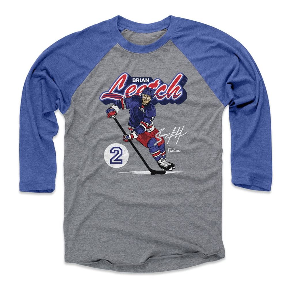 500 LEVEL Brian Leetch Tee Shirt (Baseball Tee, XXX-Large, Royal/Heather Gray) - Brian Leetch New York R Retro Script WHT