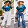 Ekouaer Silk Pajama for Women Short Sleeve Satin Pj Set Two Piece Soft Sleepwear Loungewear Casual Pjs for Summer Blue XXL view 3