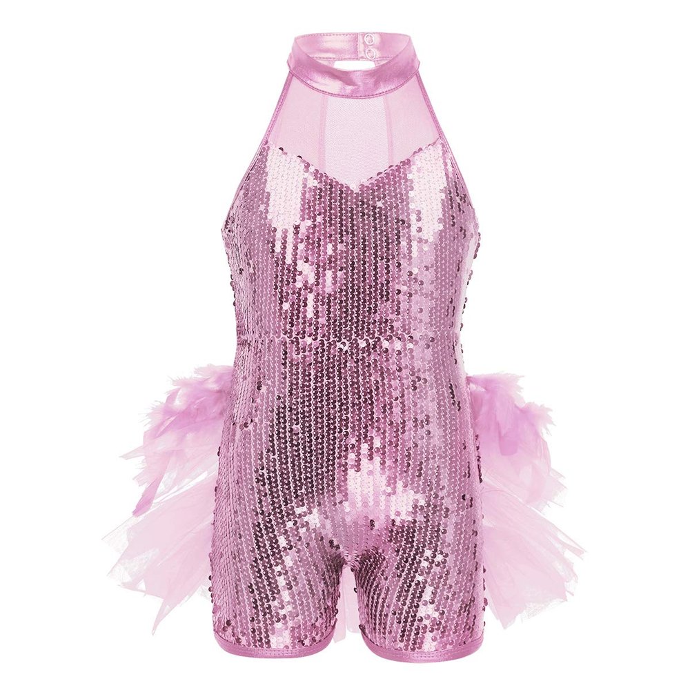 JEATHA Kids Girls Sleeveless Mock Neck Shiny Sequins Mesh Splice Leotard Ballet Jazz Latin Dance Costumes Pink 13-14