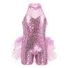 JEATHA Kids Girls Sleeveless Mock Neck Shiny Sequins Mesh Splice Leotard Ballet Jazz Latin Dance Costumes Pink 13-14 view 1