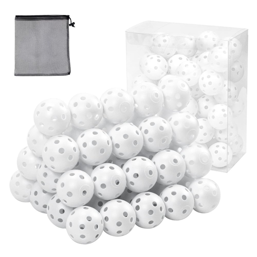 50 Pack Plastic Golf Balls Practice Limited Flight Training Ball Hollow Swing Practice Indoor Golf Balls with Mesh Drawstring Bag for Backyard Driving Range or Outdoor (H02)